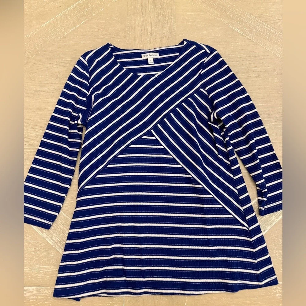 Kim Rogers Navy and White Striped Long Sleeve Top w/silver accents